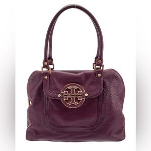 TORY BURCH SATCHEL AMANDA PEBBLED Purple Leather Handbag 3” SIGNATURE MEDALLION